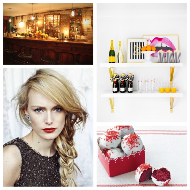 Clockwise from top left: Evans & Peel; mimosa bar; red velvet truffles; and a holiday makeup look.
